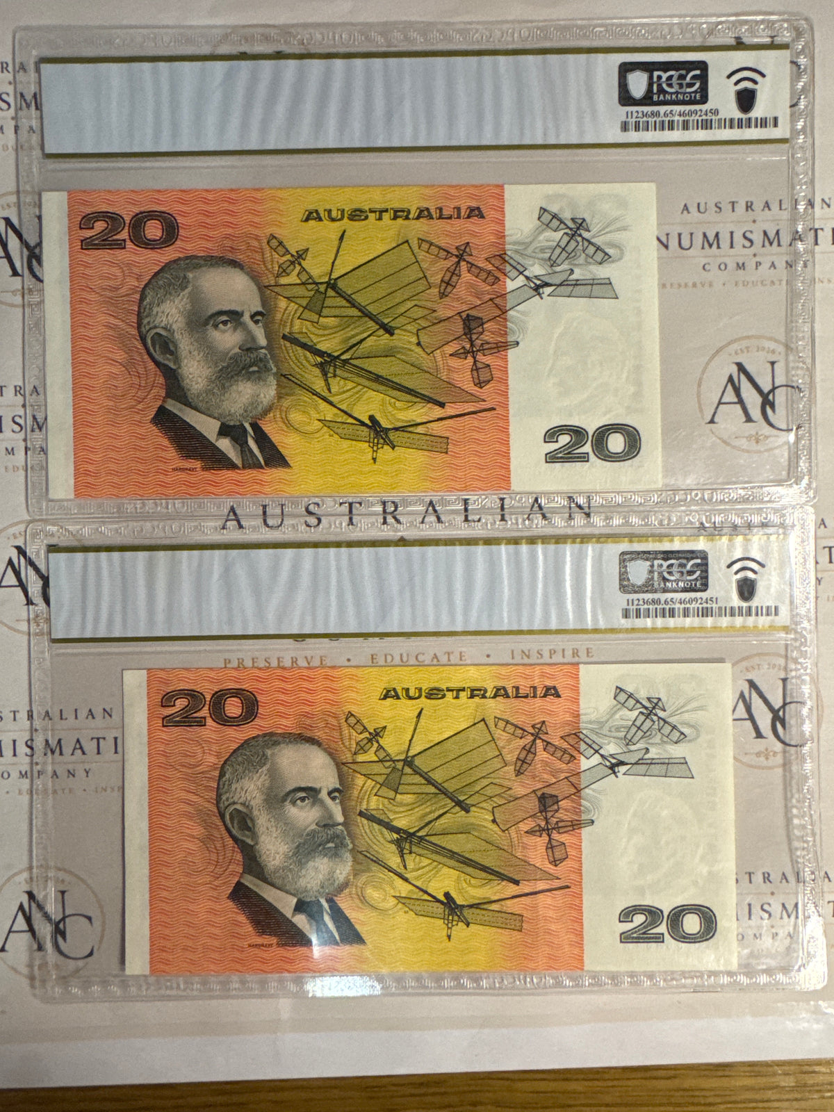 1985 $20 Johnston & Fraser R409b Gothic – Consecutive Pair – PCGS 65 PPQ