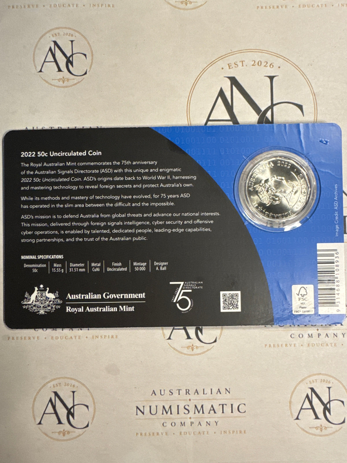 2022 50c Australian Signals Directorate 75th Anniversary “Reveal & Protect” Carded UNC Coin