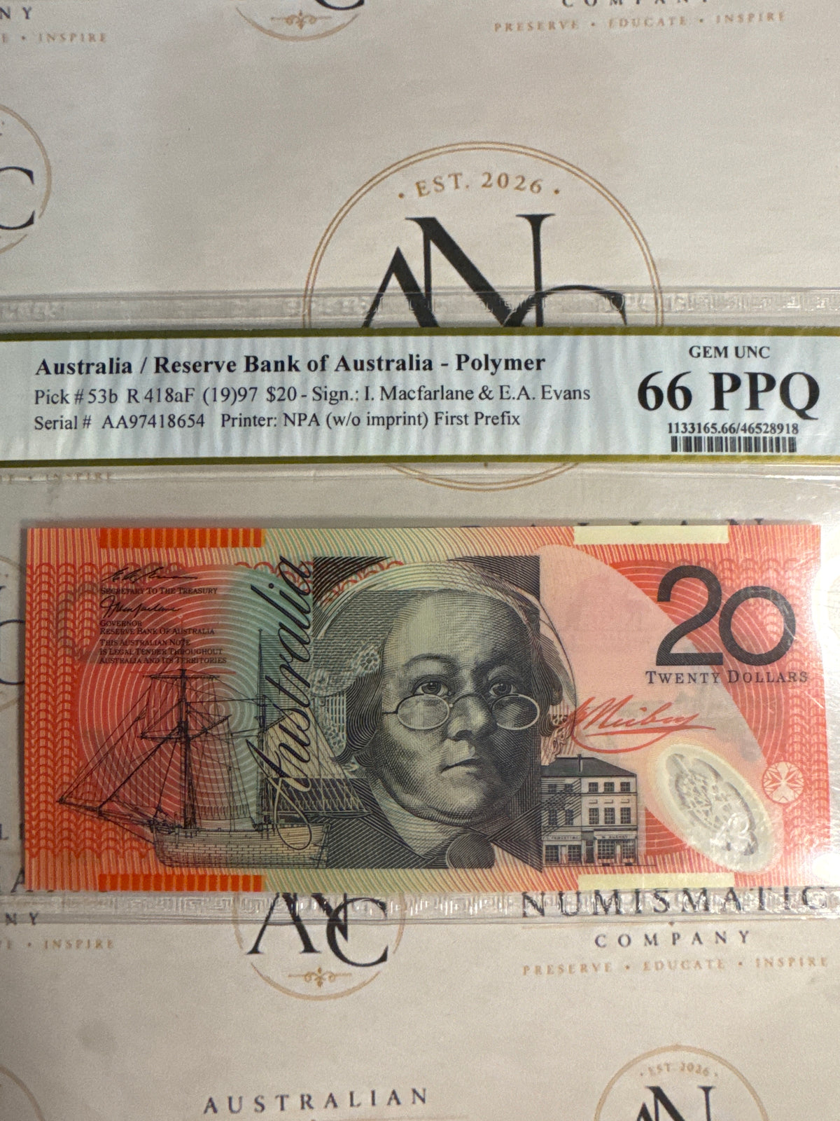 1997 $20 Macfarlane & Evans AA97 First Prefix – PCGS 66 PPQ