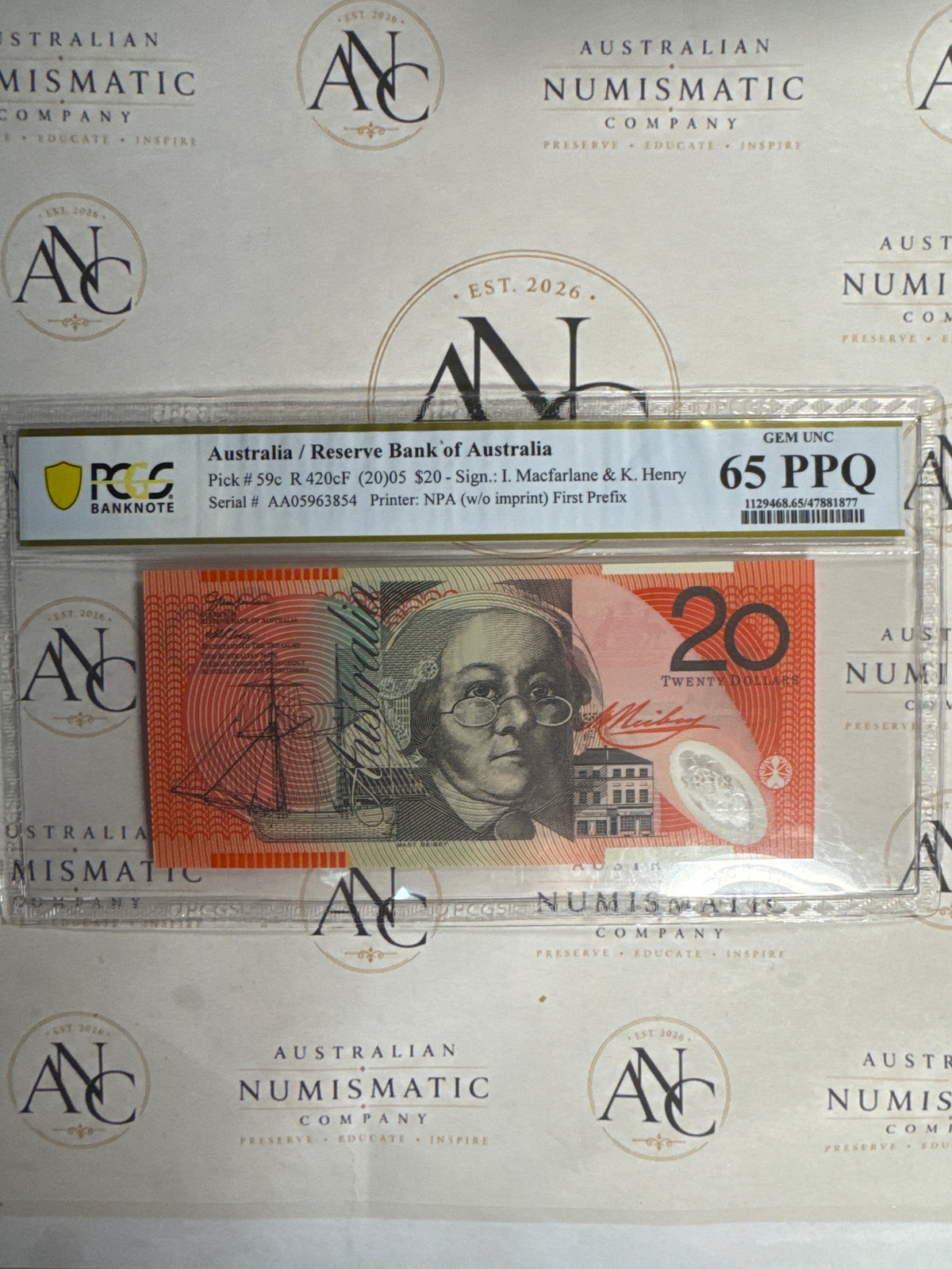 2005 $20 Macfarlane & Henry AA05 First Prefix – PCGS 65