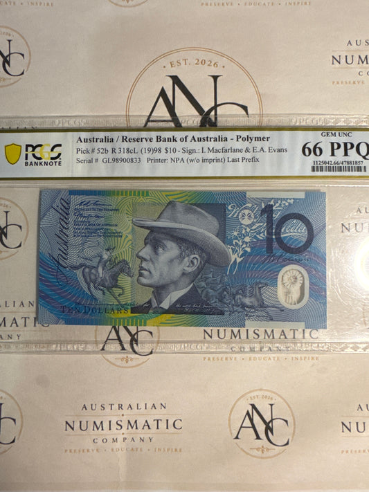 1998 $10 Macfarlane & Evans GL98 Last Prefix – PCGS 66 PPQ