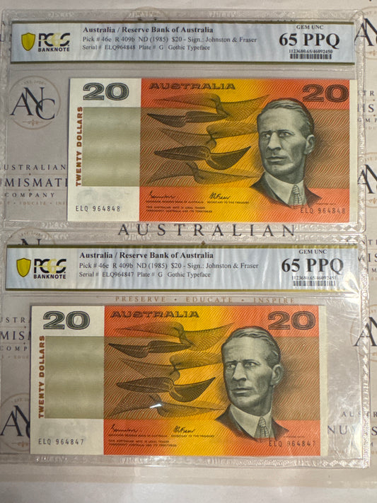 1985 $20 Johnston & Fraser R409b Gothic – Consecutive Pair – PCGS 65 PPQ