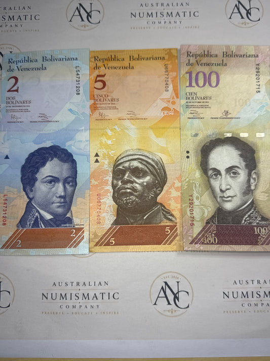 Venezuela 2, 5 & 100 Bolívares – Three Banknote Set