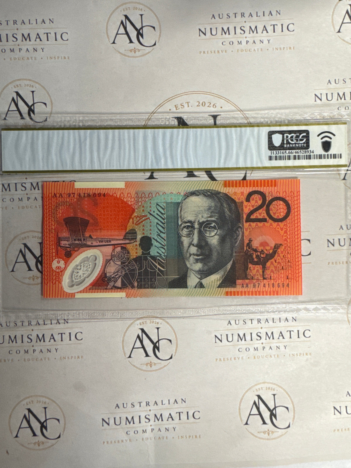 1997 $20 Macfarlane & Evans AA97 First Prefix – PCGS 66 PPQ