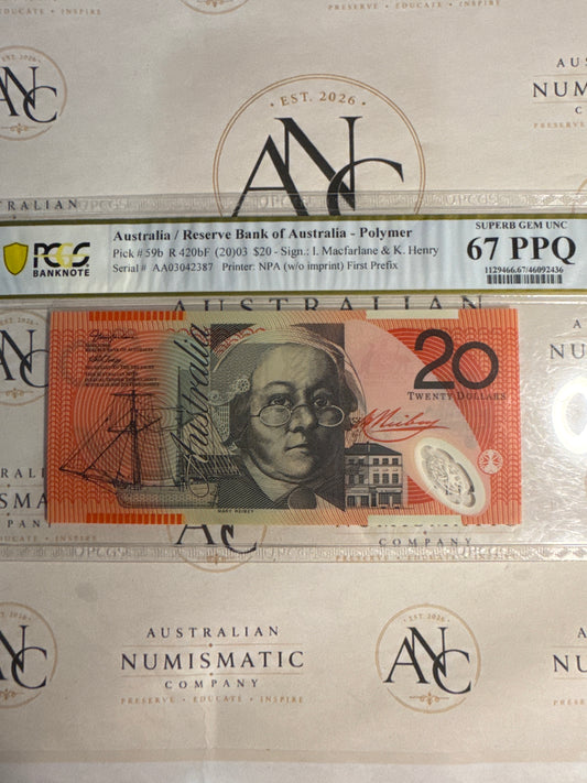 2003 $20 Macfarlane & Henry AA03 First Prefix – PCGS 67 PPQ