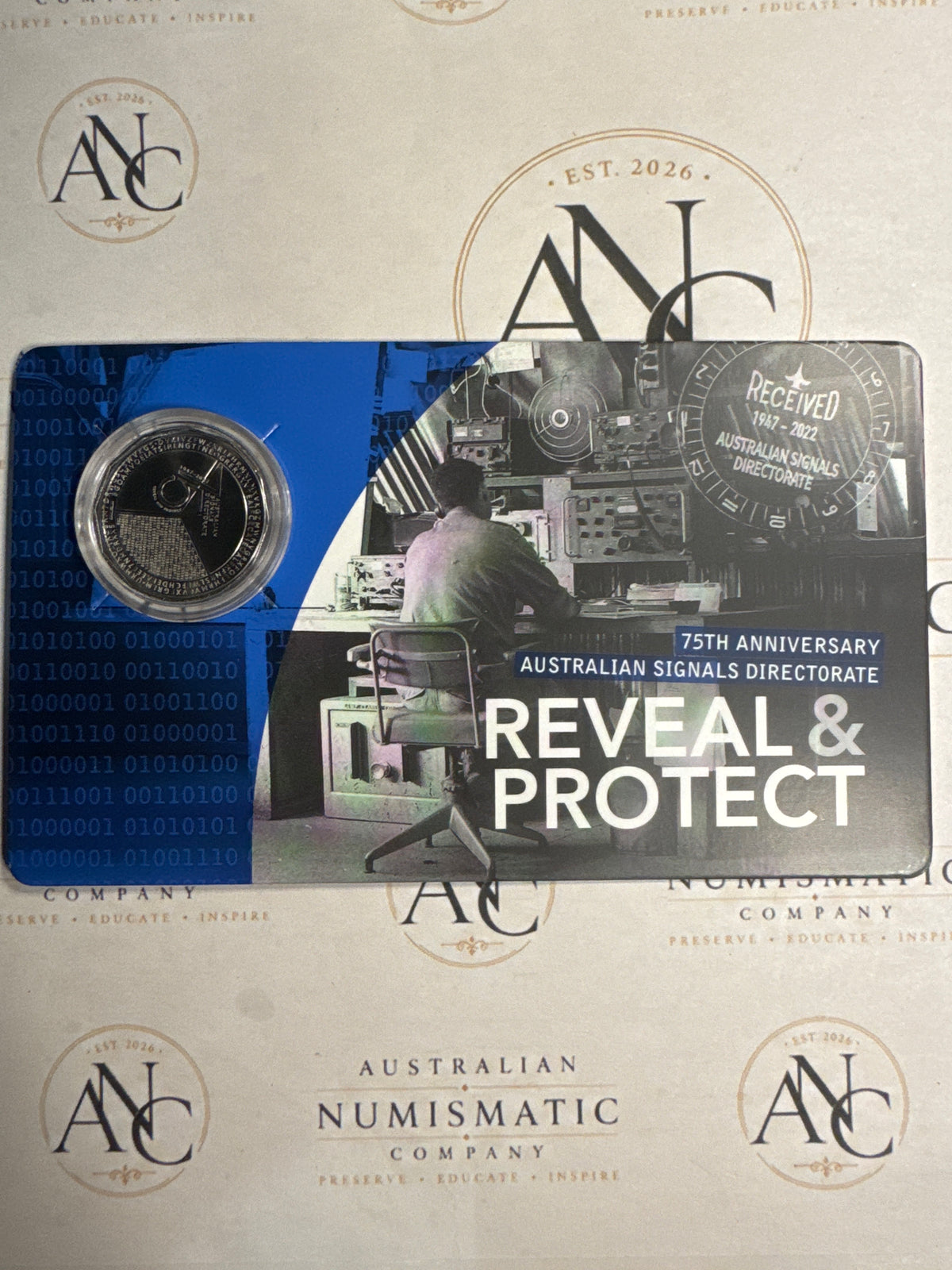 2022 50c Australian Signals Directorate 75th Anniversary “Reveal & Protect” Carded UNC Coin