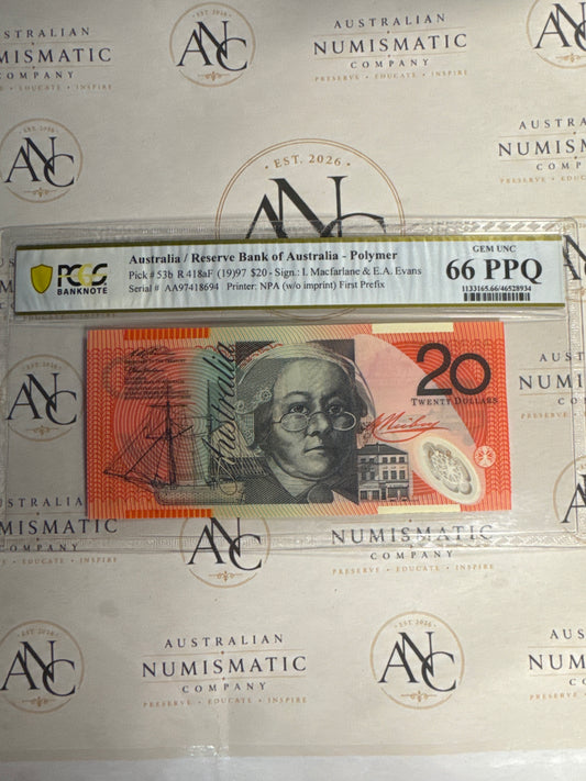 1997 $20 Macfarlane & Evans AA97 First Prefix – PCGS 66 PPQ