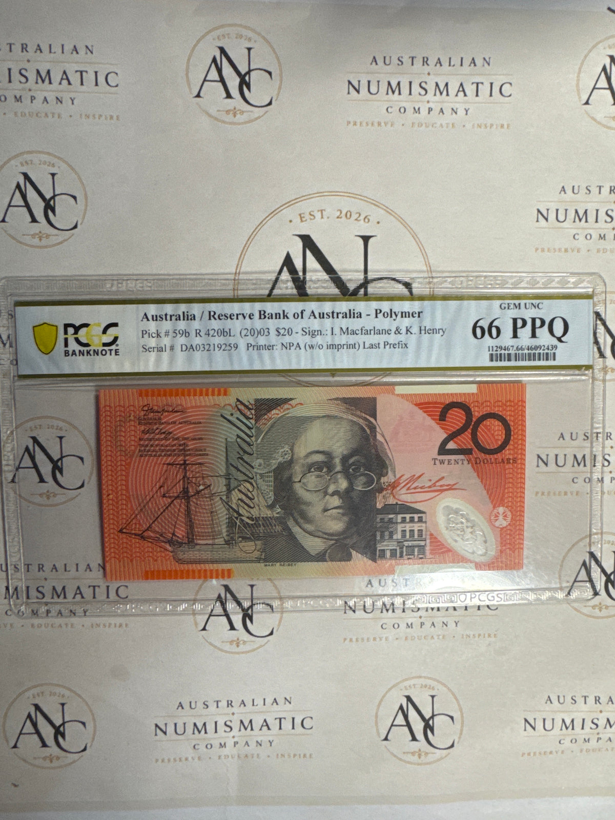2003 $20 Macfarlane & Henry DA03 Last Prefix – PCGS 66 PPQ