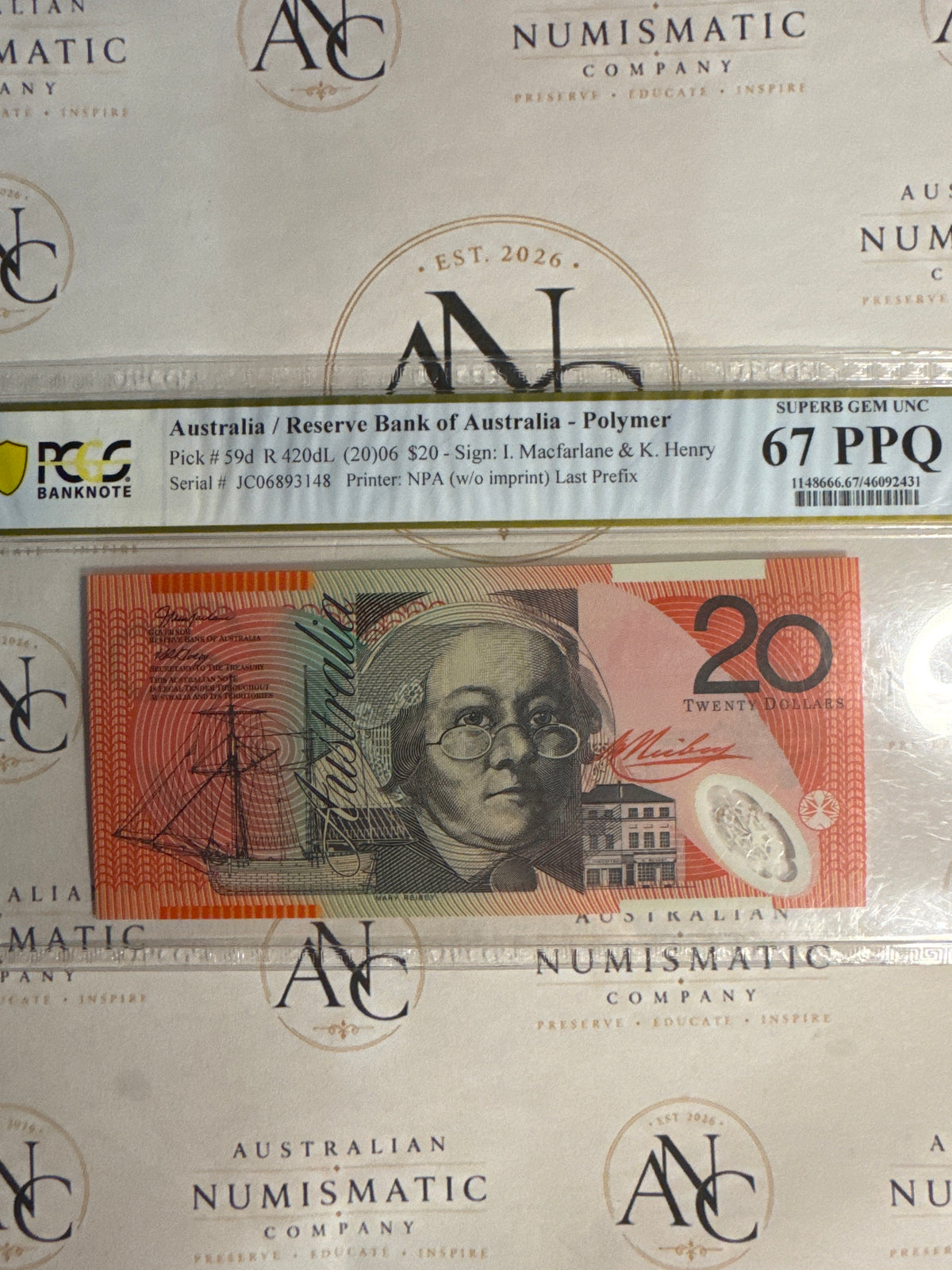 2006 $20 Macfarlane & Henry JC06 Last Prefix – PCGS 67 PPQ