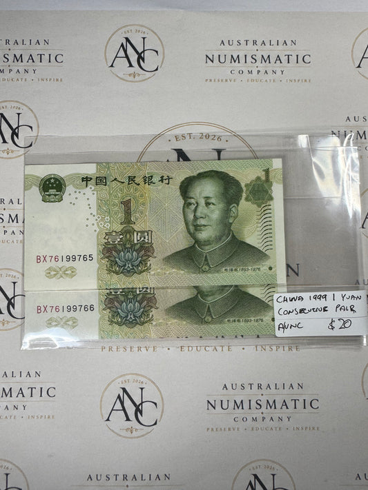China 1999 1 Yuan Banknotes – Consecutive Serial Number Pair – Mao Zedong